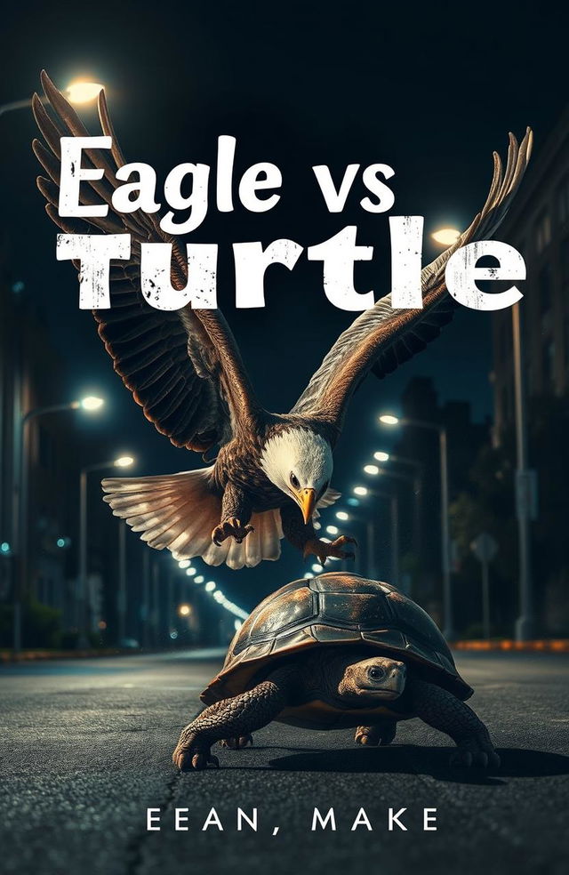 A dramatic night scene featuring an eagle fiercely battling a turtle under the glow of street lamps