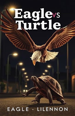 A dramatic night scene featuring an eagle fiercely battling a turtle under the glow of street lamps