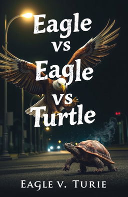 A dramatic night scene featuring an eagle fiercely battling a turtle under the glow of street lamps