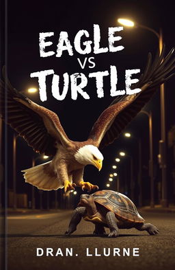 A dramatic night scene featuring an eagle fiercely battling a turtle under the glow of street lamps