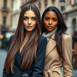 A hyperrealistic photograph featuring two different stunning European women, both with long, straight brown hair and captivating bright dark green eyes