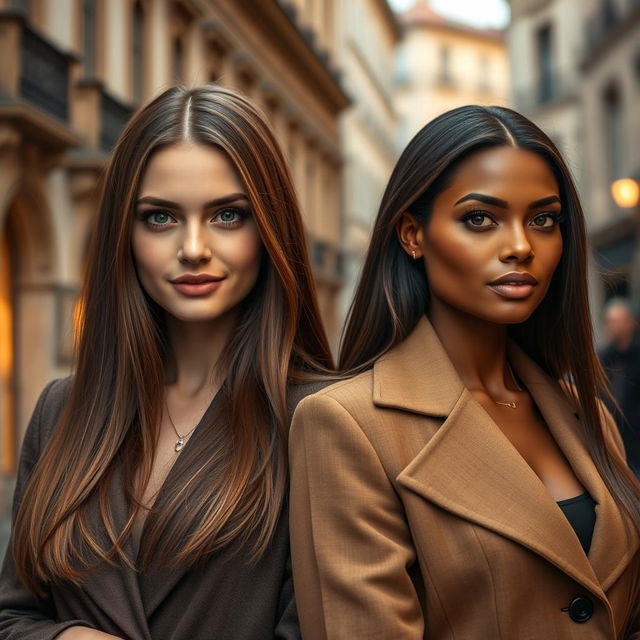 A hyperrealistic photograph featuring two different stunning European women, both with long, straight brown hair and captivating bright dark green eyes