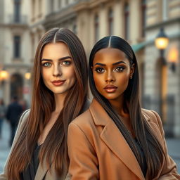 A hyperrealistic photograph featuring two different stunning European women, both with long, straight brown hair and captivating bright dark green eyes