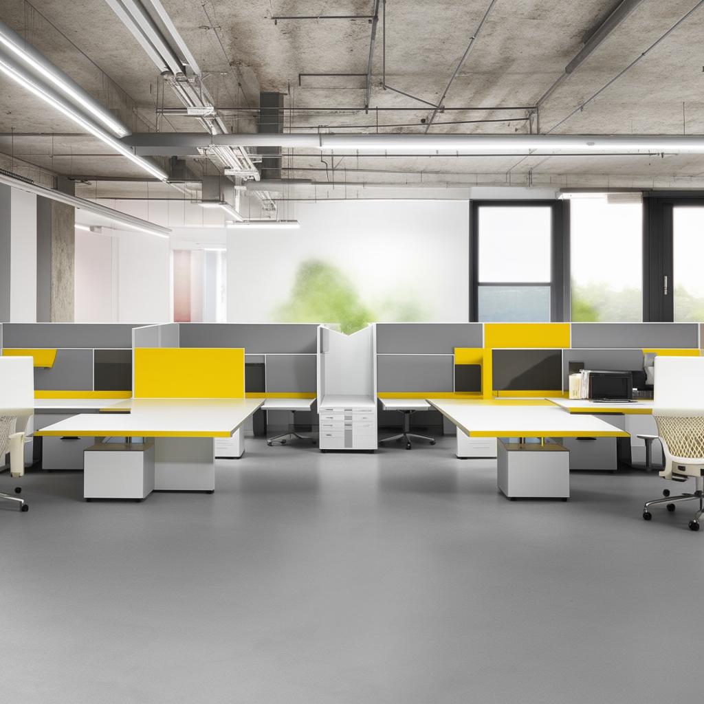 A workstation featuring four desks in hues of white, grey, and yellow, arranged in an ergonomic, modern design.