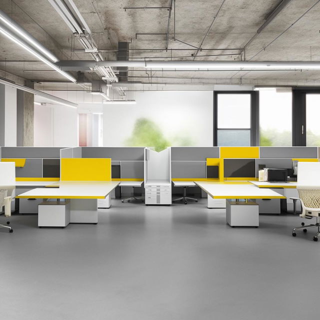 A workstation featuring four desks in hues of white, grey, and yellow, arranged in an ergonomic, modern design.