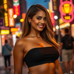 A stunningly attractive individual with an alluring smile, dressed in a fashionable outfit that highlights their curves, exuding confidence and magnetism