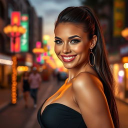 A stunningly attractive individual with an alluring smile, dressed in a fashionable outfit that highlights their curves, exuding confidence and magnetism