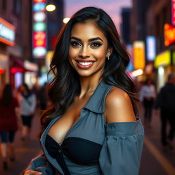 A stunningly attractive individual with an alluring smile, dressed in a fashionable outfit that highlights their curves, exuding confidence and magnetism