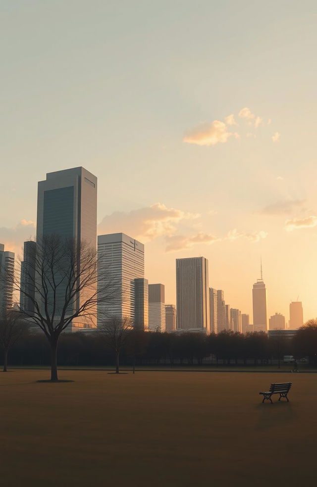 A serene Tokyo cityscape at sunset, showcasing minimalist architecture with clean lines and a muted color palette