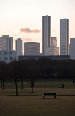 A serene Tokyo cityscape at sunset, showcasing minimalist architecture with clean lines and a muted color palette