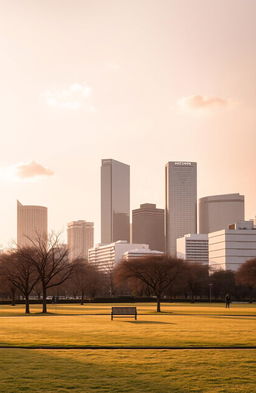 A serene Tokyo cityscape at sunset, showcasing minimalist architecture with clean lines and a muted color palette
