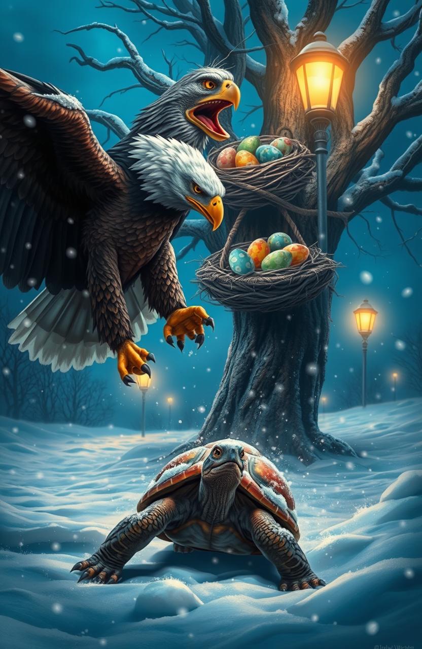 An epic scene depicting an eagle fiercely battling a turtle in a snowy landscape at night