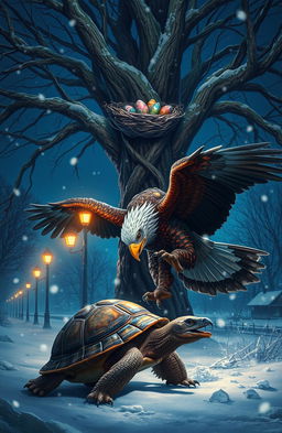 An epic scene depicting an eagle fiercely battling a turtle in a snowy landscape at night