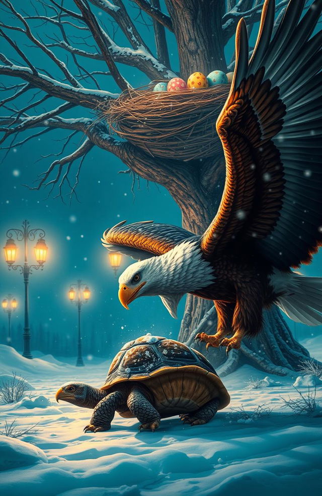 An epic scene depicting an eagle fiercely battling a turtle in a snowy landscape at night
