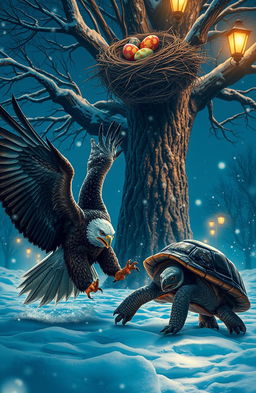 An epic scene depicting an eagle fiercely battling a turtle in a snowy landscape at night