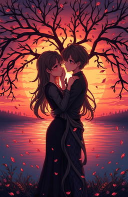 A beautifully intricate illustration of a complex love story, featuring two characters entwined in emotional conflict yet showcasing deep affection