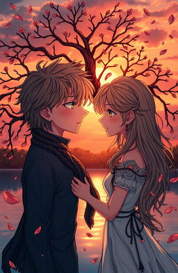 A beautifully intricate illustration of a complex love story, featuring two characters entwined in emotional conflict yet showcasing deep affection