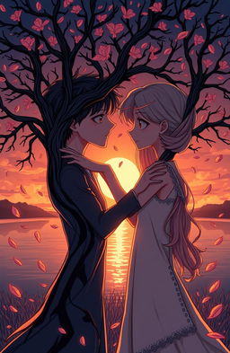 A beautifully intricate illustration of a complex love story, featuring two characters entwined in emotional conflict yet showcasing deep affection