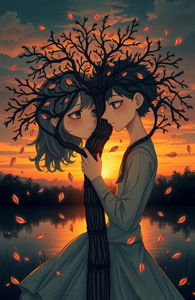 A beautifully intricate illustration of a complex love story, featuring two characters entwined in emotional conflict yet showcasing deep affection