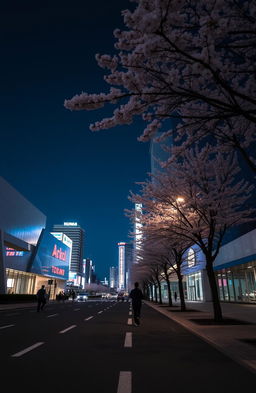 A serene Tokyo cityscape at night, showcasing minimalist architecture and vibrant neon lights