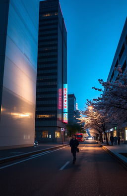 A serene Tokyo cityscape at night, showcasing minimalist architecture and vibrant neon lights