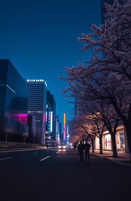 A serene Tokyo cityscape at night, showcasing minimalist architecture and vibrant neon lights