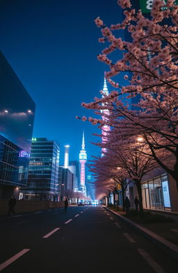 A serene Tokyo cityscape at night, showcasing minimalist architecture and vibrant neon lights