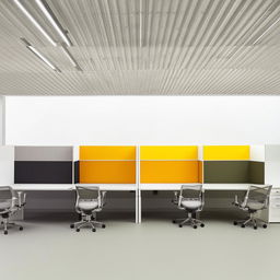 A workstation featuring four desks in hues of white, grey, and yellow, arranged in an ergonomic, modern design.