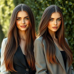 A hyperrealistic photograph featuring two distinct and stunning German women, both with long, straight brown hair flowing gracefully