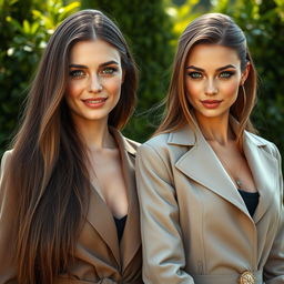 A hyperrealistic photograph featuring two distinct and stunning German women, both with long, straight brown hair flowing gracefully