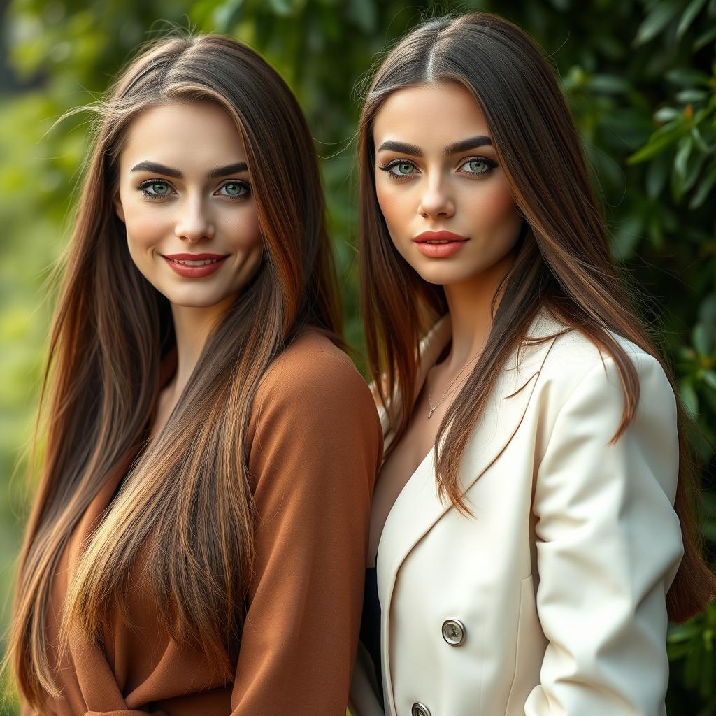 A hyperrealistic photograph featuring two distinct and stunning German women, both with long, straight brown hair flowing gracefully