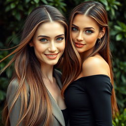 A hyperrealistic photograph featuring two distinct and stunning German women, both with long, straight brown hair flowing gracefully