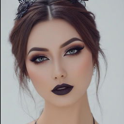 Woman with dark hair and dark lipstick, wearing black cat eye makeup with a black cat.