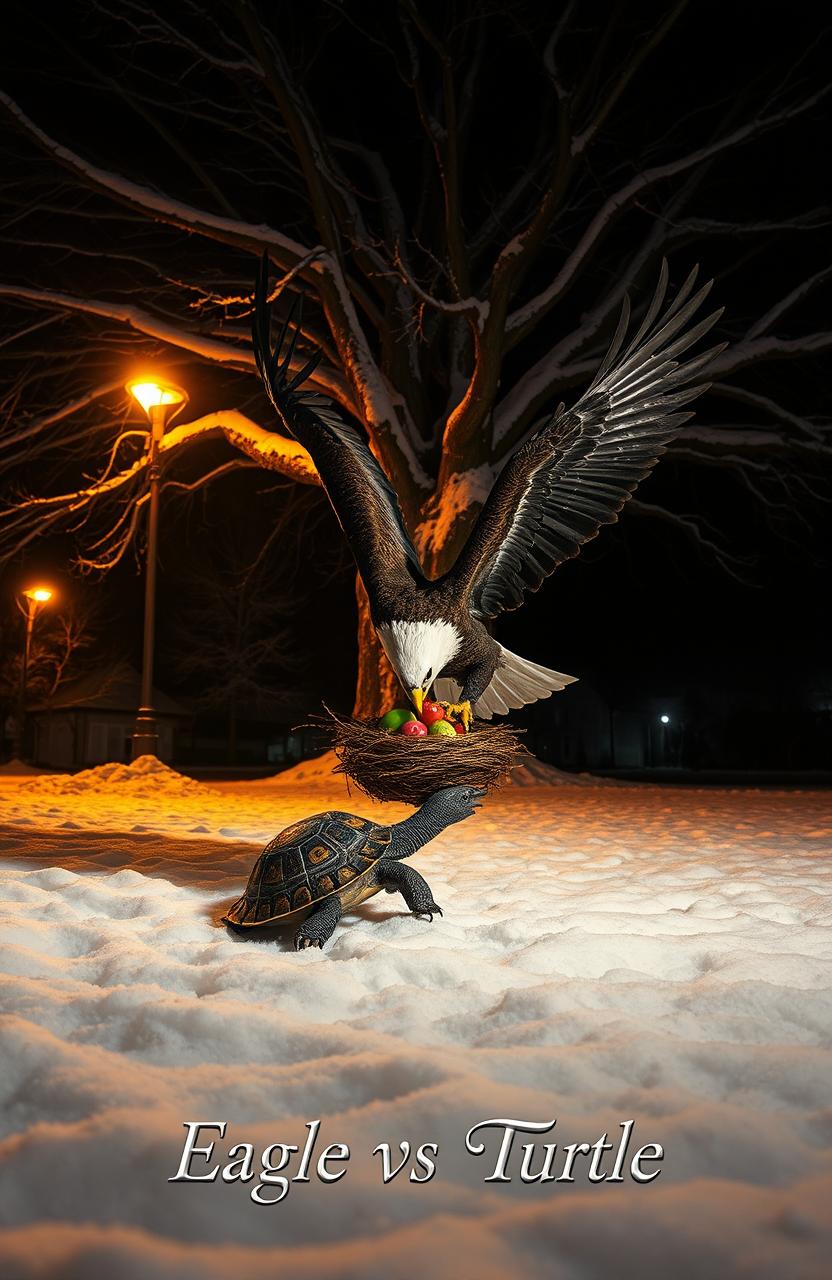 A dramatic nighttime scene depicting an eagle engaged in a fierce battle with a turtle