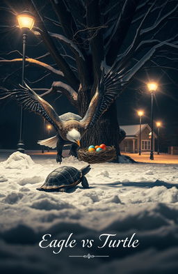 A dramatic nighttime scene depicting an eagle engaged in a fierce battle with a turtle