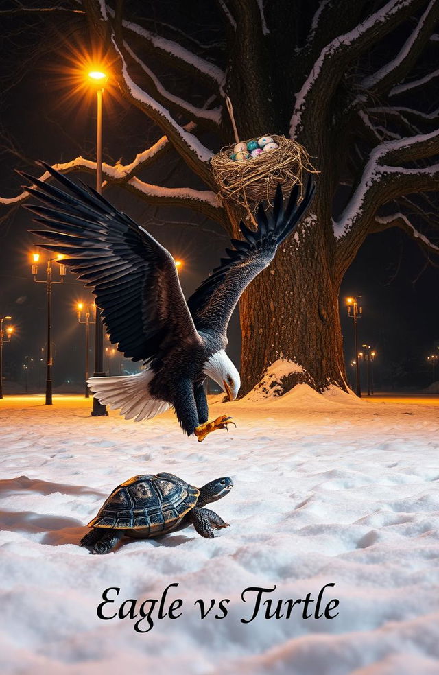 A dramatic nighttime scene depicting an eagle engaged in a fierce battle with a turtle