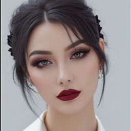 woman with red lipstick direct gaze, dark hair, white blouse, pulled back hair