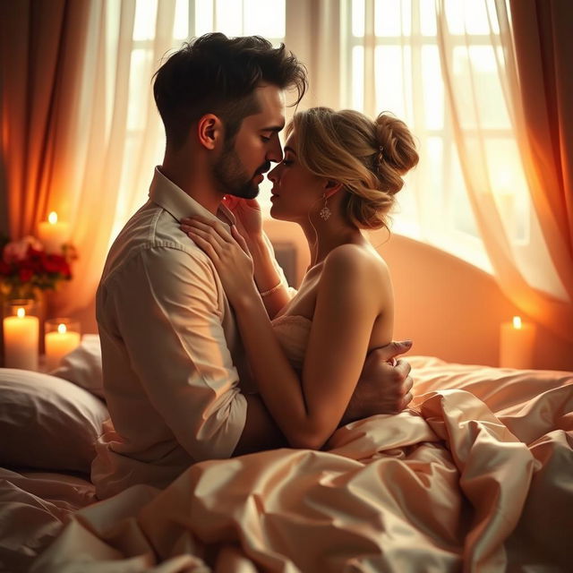 An artistic representation of intimacy between two lovers, showcasing a romantic setting with soft candlelight, warm colors, and a gentle embrace