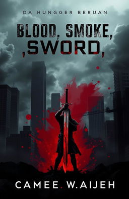 A gripping cover design for a dystopian novel titled 'Blood, Smoke, Sword'