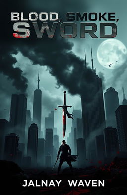 A gripping cover design for a dystopian novel titled 'Blood, Smoke, Sword'