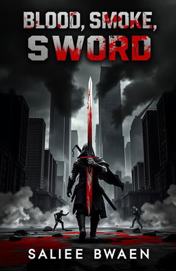 A gripping cover design for a dystopian novel titled 'Blood, Smoke, Sword'