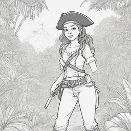 jungle back ground , pirates on a adventure with a girl pirate character ,coloring page line art