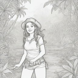 jungle back ground , pirates on a adventure with a girl pirate character ,coloring page line art