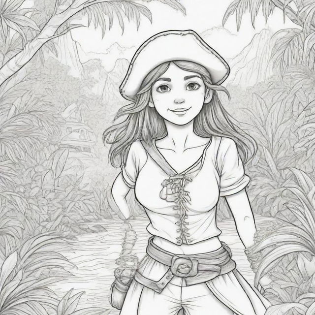 jungle back ground , pirates on a adventure with a girl pirate character ,coloring page line art