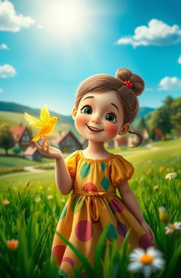 A whimsical scene featuring a little girl with a joyful expression, wearing a colorful dress, standing in a lush green meadow