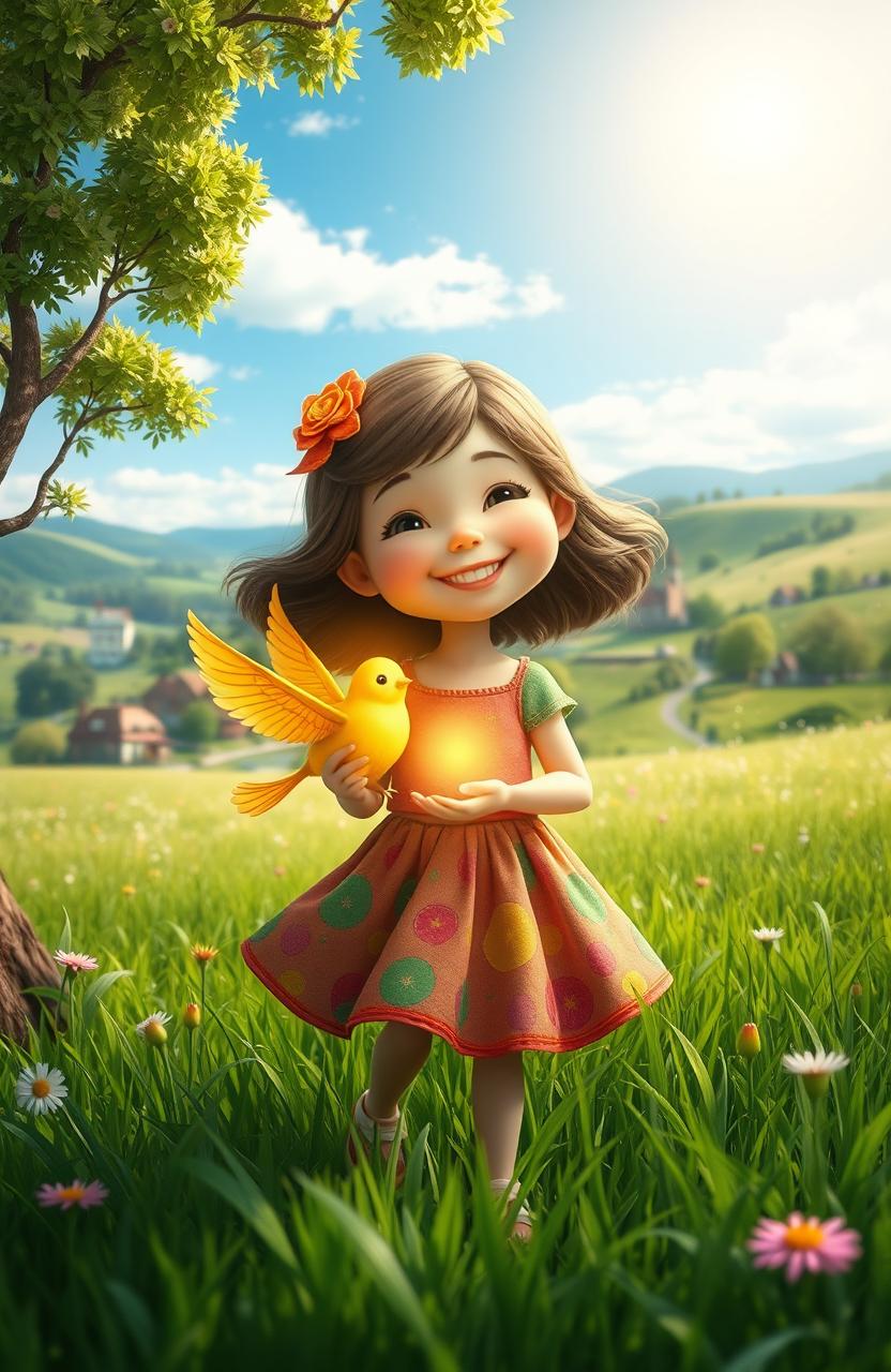 A whimsical scene featuring a little girl with a joyful expression, wearing a colorful dress, standing in a lush green meadow