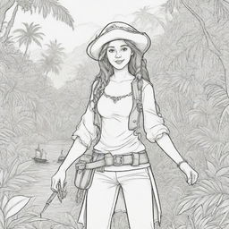 jungle back ground , pirates on a adventure with a girl pirate character ,coloring page line art