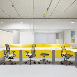 A workstation featuring four desks in hues of white, grey, and yellow, arranged in an ergonomic, modern design.