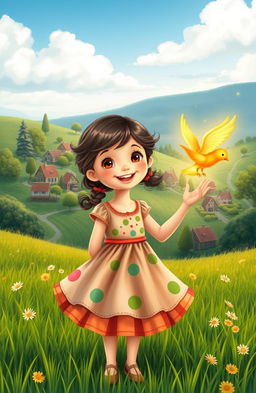 A whimsical scene featuring a little girl with a joyful expression, wearing a colorful dress, standing in a lush green meadow