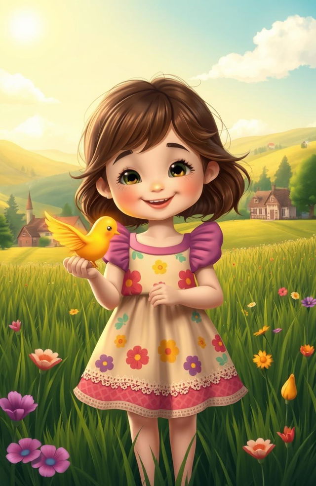 A whimsical scene featuring a little girl with a joyful expression, wearing a colorful dress, standing in a lush green meadow